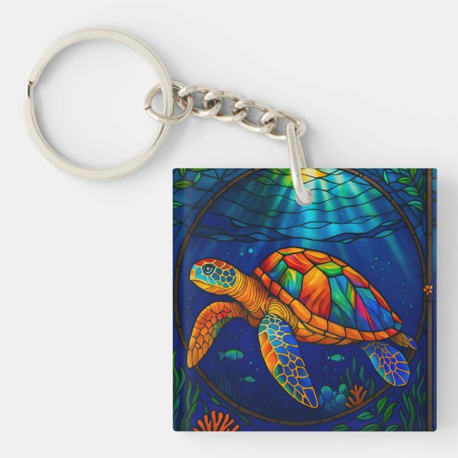 Vibrant Stained Glass Sea Turtle Ocean Design Key Ring (Front)