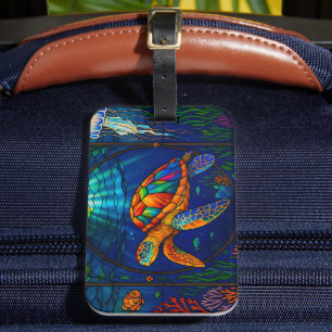 Vibrant Stained Glass Sea Turtle Ocean Design Luggage Tag
