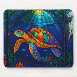 Vibrant Stained Glass Sea Turtle Ocean Design Mouse Pad