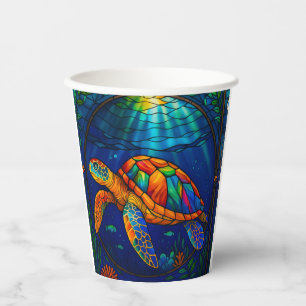 Vibrant Stained Glass Sea Turtle Ocean Design Paper Cups