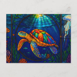 Vibrant Stained Glass Sea Turtle Ocean Design Postcard