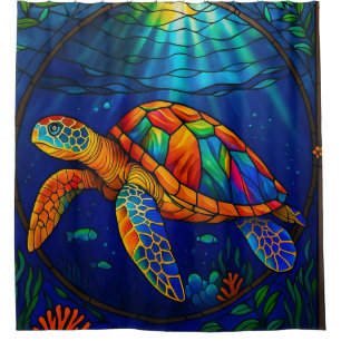 Vibrant Stained Glass Sea Turtle Ocean Design Shower Curtain