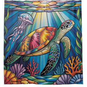Vibrant Stained Glass Sea Turtle Ocean Design Shower Curtain