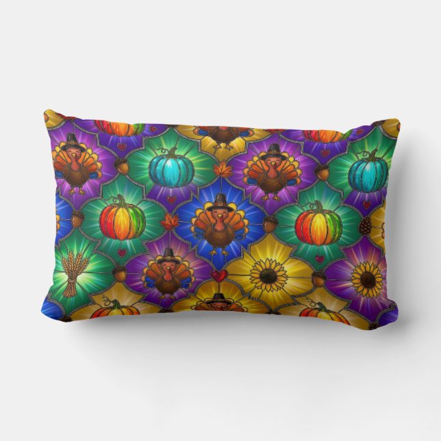 Vibrant Stained Glass Thanksgiving Throw Pillow  (Back)