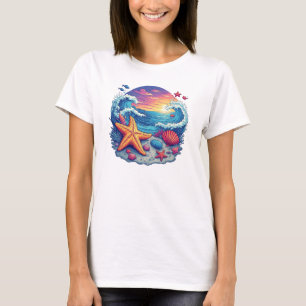 Vibrant Starfish On Beach With Ocean Waves T-Shirt