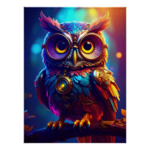 Vibrant Steampunk Owl with Goggles and Intricate
