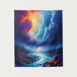 Vibrant Stormy Sky Abstract River Landscape Art Tapestry