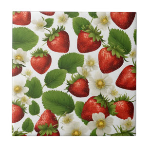Vibrant Strawberries, Leaves and Flowers Tile
