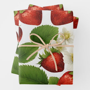 Vibrant Strawberries, Leaves and Flowers  Wrapping Paper Sheet
