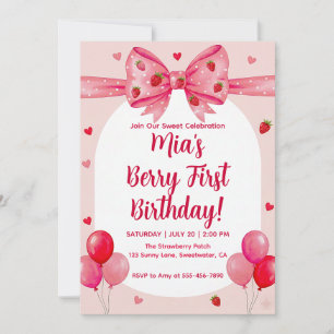 Vibrant Strawberry Coquette Bow Berry 1st Birthday Invitation