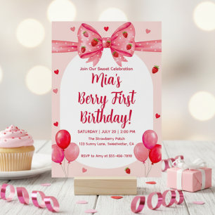 Vibrant Strawberry Coquette Bow Berry 1st Birthday Invitation