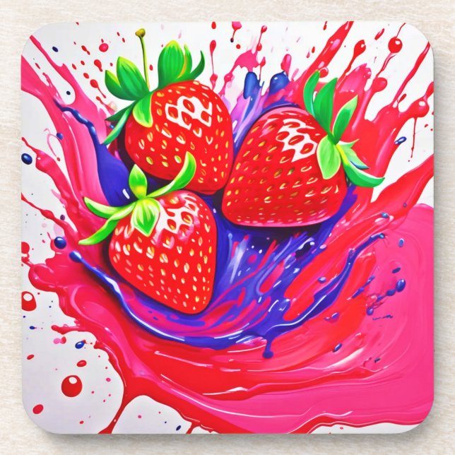 Vibrant Strawberry Splash Coaster (Front)