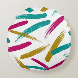 Vibrant Strokes,Teal, Magenta & Mustard pattern Round Cushion
