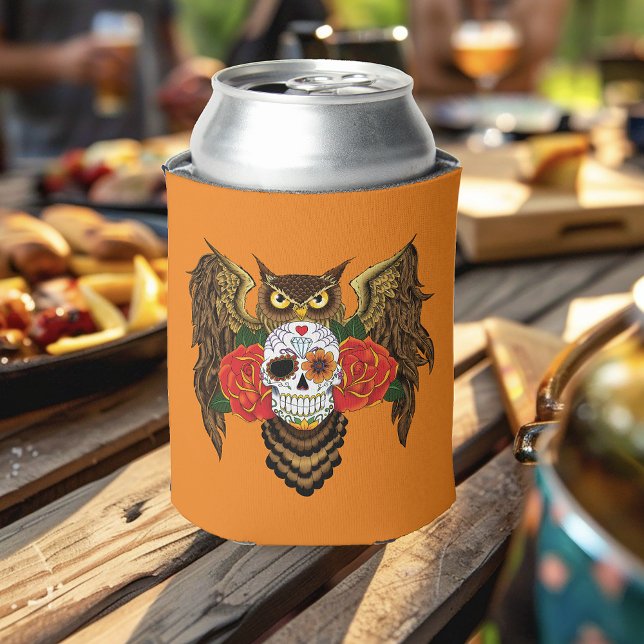 Vibrant Sugar Skull Owl Red Roses  Can Cooler (Creator Uploaded)
