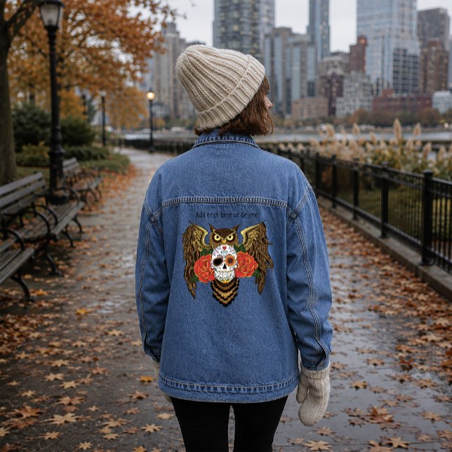 Vibrant Sugar Skull Owl Red Roses  Denim Jacket (Creator Uploaded)