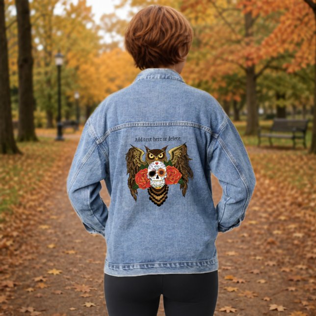 Vibrant Sugar Skull Owl Red Roses  Denim Jacket (Creator Uploaded)