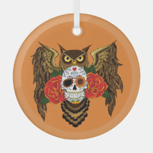 Vibrant Sugar Skull Owl Red Roses  Glass Tree Decoration