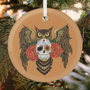 Vibrant Sugar Skull Owl Red Roses Glass Tree Decoration