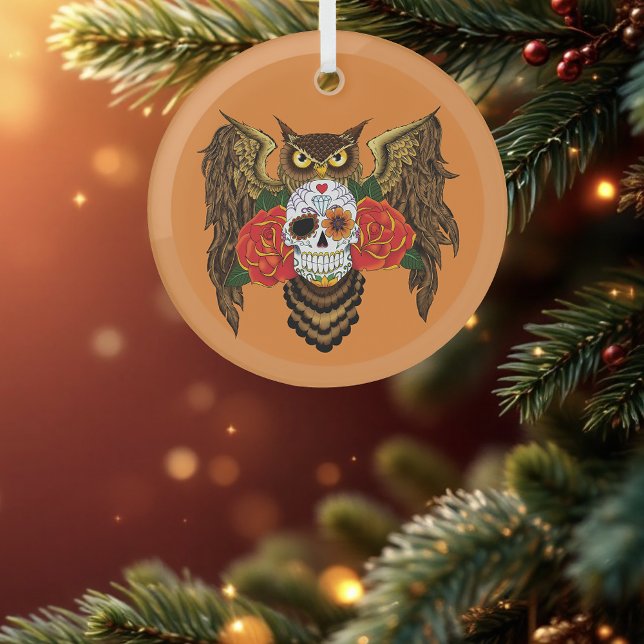 Vibrant Sugar Skull Owl Red Roses  Glass Tree Decoration (Creator Uploaded)