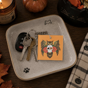 Vibrant Sugar Skull Owl Red Roses  Key Ring