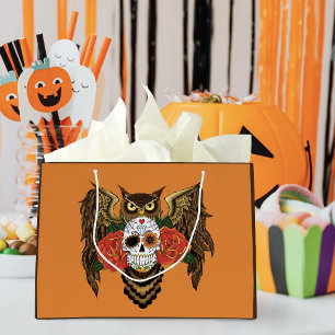 Vibrant Sugar Skull Owl Red Roses Large Gift Bag