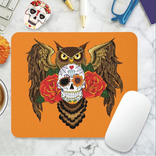 Vibrant Sugar Skull Owl Red Roses  Mouse Pad (Creator Uploaded)
