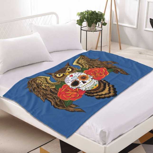Vibrant Sugar Skull Red Roses Owl Fleece Blanket (Creator Uploaded)