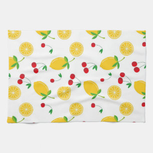 Vibrant Summer Citrus Lemon and Red Cherries Tea Towel