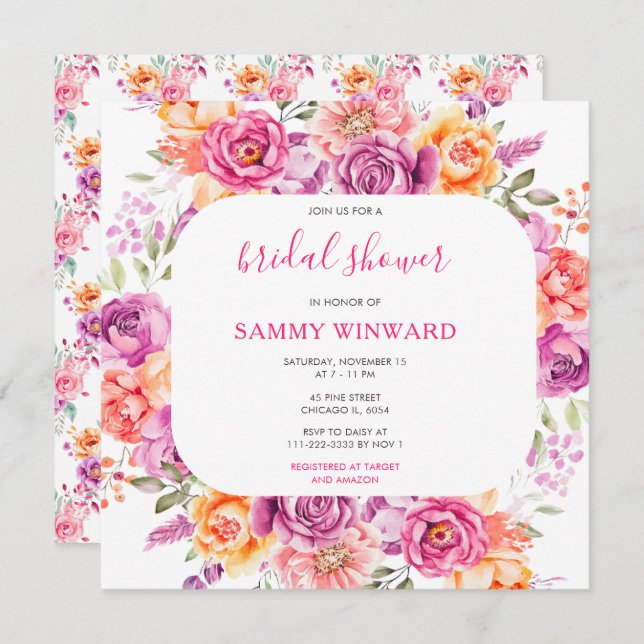 Vibrant Summer Floral Flowers Bridal Shower Invitation (Front/Back)