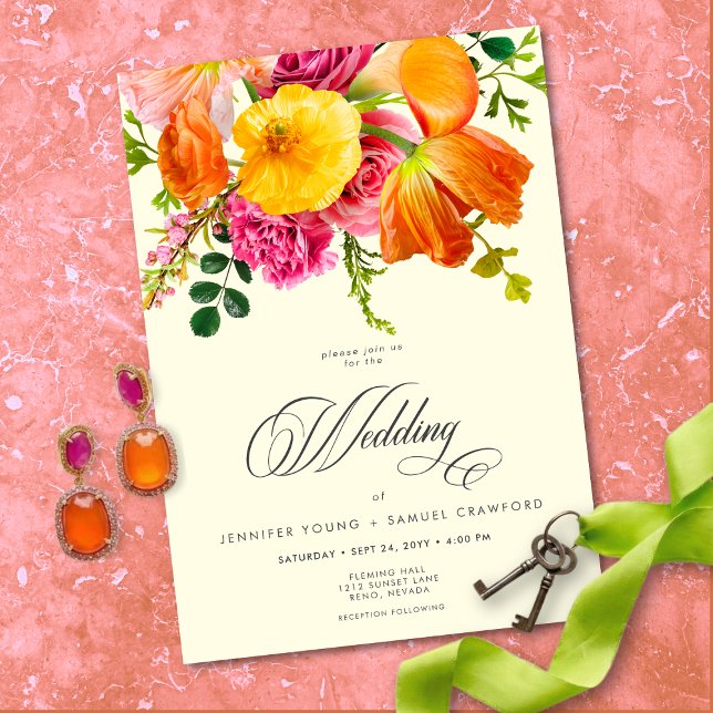 Vibrant Summer Floral Yellow Orange Pink Wedding Invitation (Vibrant Summer Floral Yellow Orange Pink Wedding Invitation)