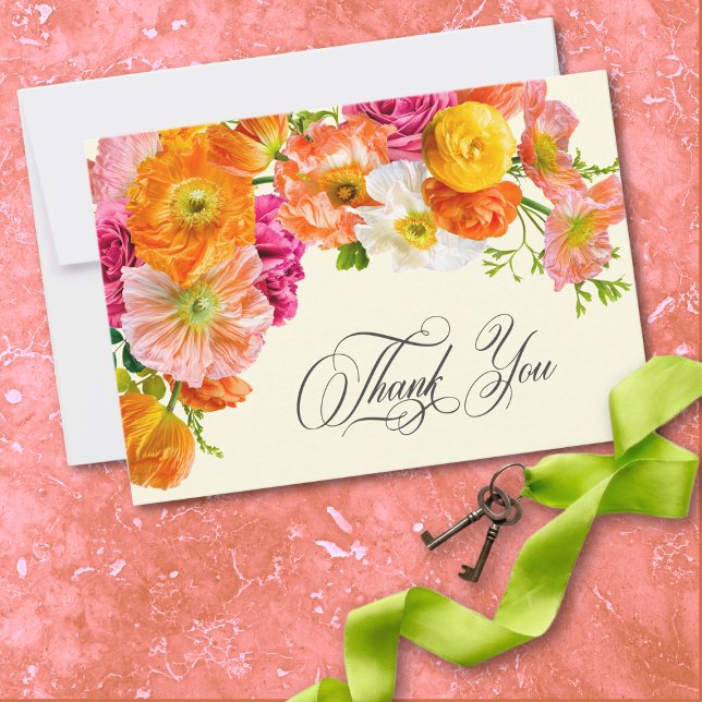 Vibrant Summer Floral Yellow Orange Pink Wedding Thank You Card (Vibrant Summer Floral Yellow Orange Pink Wedding Thank You Card)