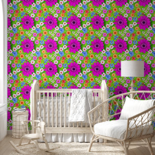 Vibrant summer flowers in purple and green wallpaper