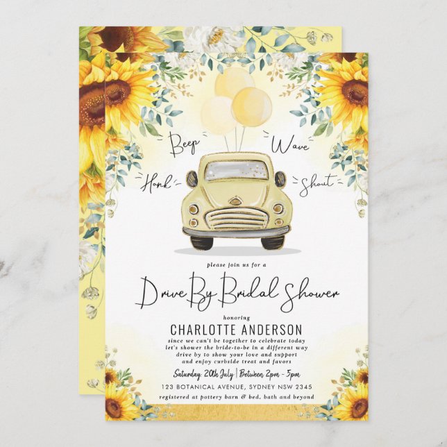 Vibrant Summer Sunflower Drive By Bridal Shower Invitation (Front/Back)
