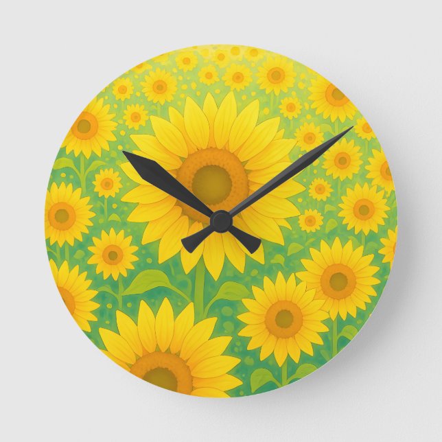 Vibrant Sunflower Field Pattern Round Clock (Front)