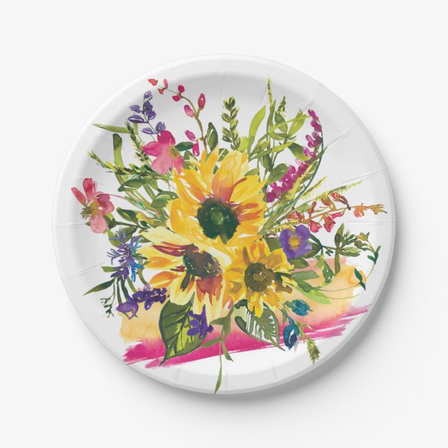 Vibrant Sunflowers Wildflowers Floral Watercolor Paper Plate (Front)