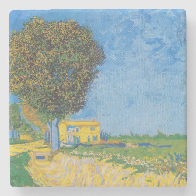 Vibrant Sunny Path & Yellow House by Van Gogh Stone Coaster (Front)