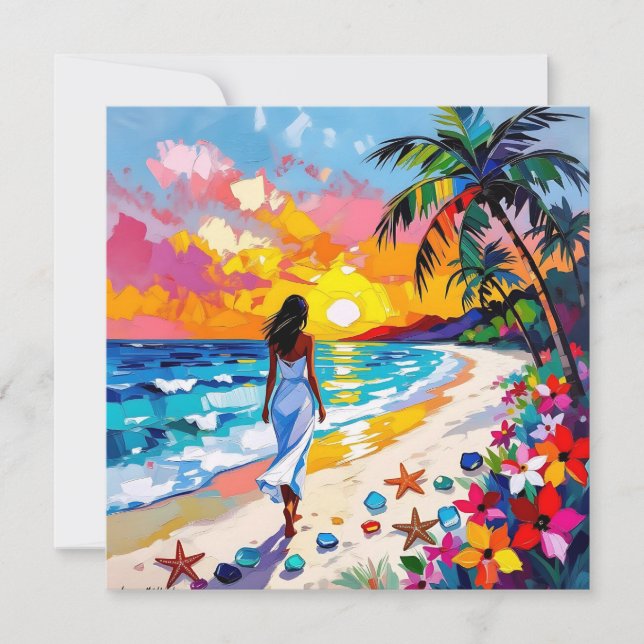Vibrant Sunset Abstract Beach Scene Holiday Card (Front)