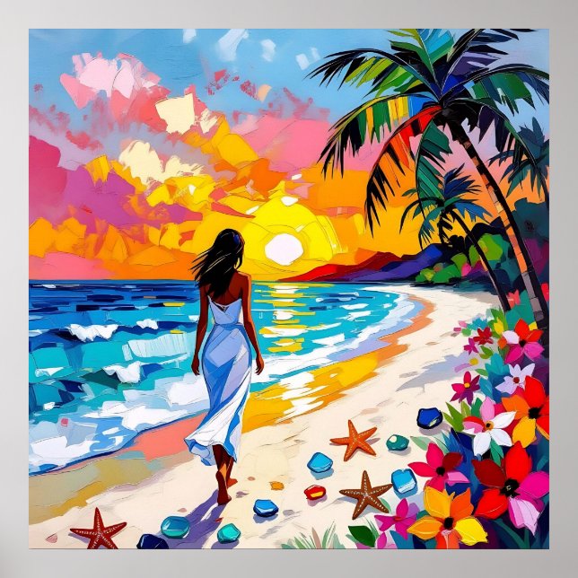 Vibrant Sunset Abstract Beach Scene Poster (Front)
