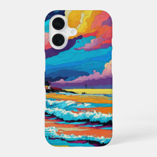 Vibrant Sunset Beach Waves Artistic Design iPhone 16 Case