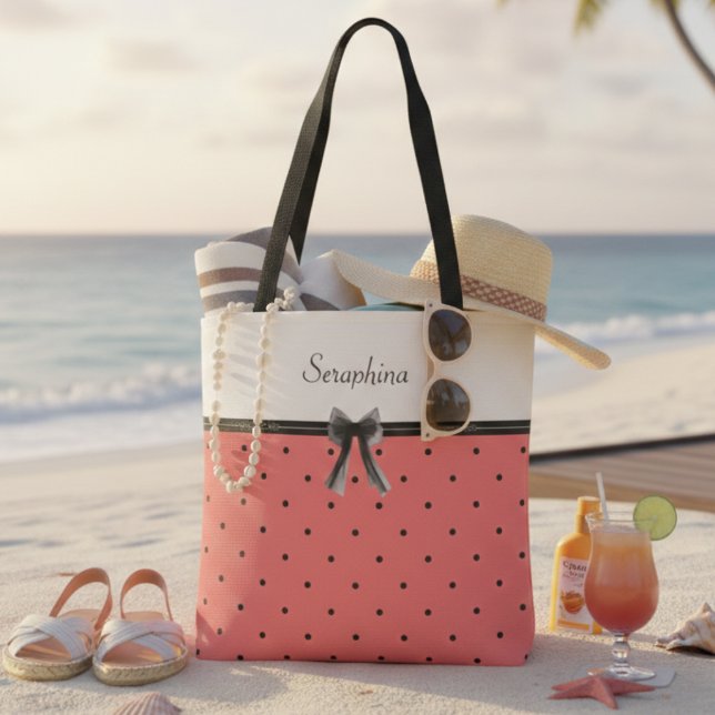 Vibrant Sunset Coral Summer Chic Tote Bag (Celebrate the season with a personalized vibrant polka dot beach bag)