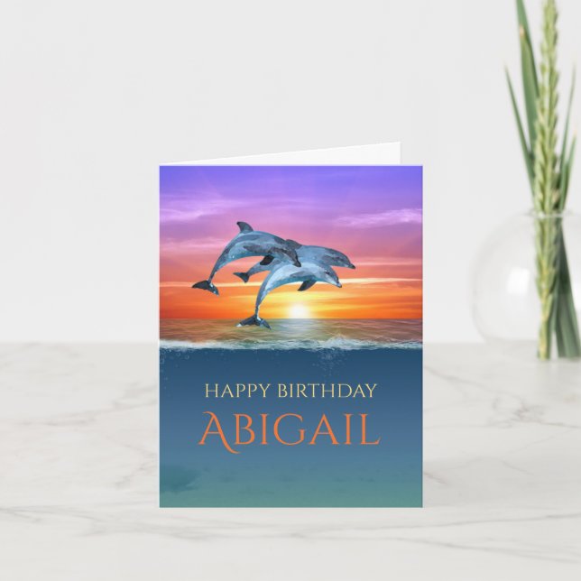 Vibrant Sunset Dolphins Jumping Ocean Birthday Card (Front)