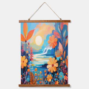 Vibrant Sunset Floral Landscape Nature Art Hanging Tapestry