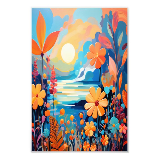 Vibrant Sunset Floral Landscape Nature Art Photo Print (Front)