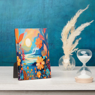 Vibrant Sunset Floral Landscape Nature Art Plaque