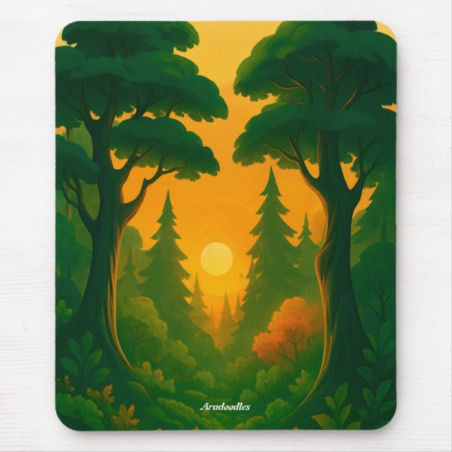Vibrant Sunset Forest Illustration Mouse Pad (Front)