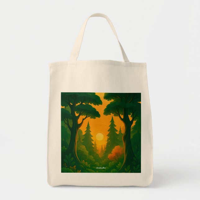 Vibrant Sunset Forest Illustration Tote Bag (Front)