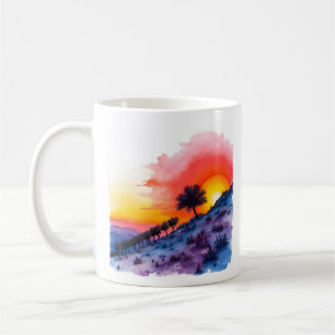 Vibrant Sunset Hillside with Lone Tree Watercolor  Coffee Mug