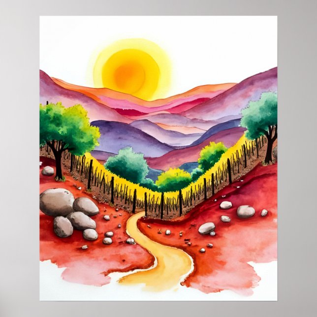 Vibrant Sunset Hillside with Lone Tree Watercolor  Poster (Front)