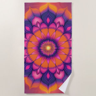 Vibrant Sunset Mandala Round Beach Towel
