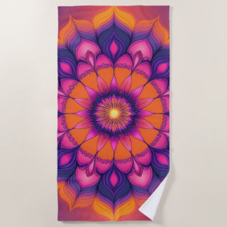 Vibrant Sunset Mandala Round Beach Towel